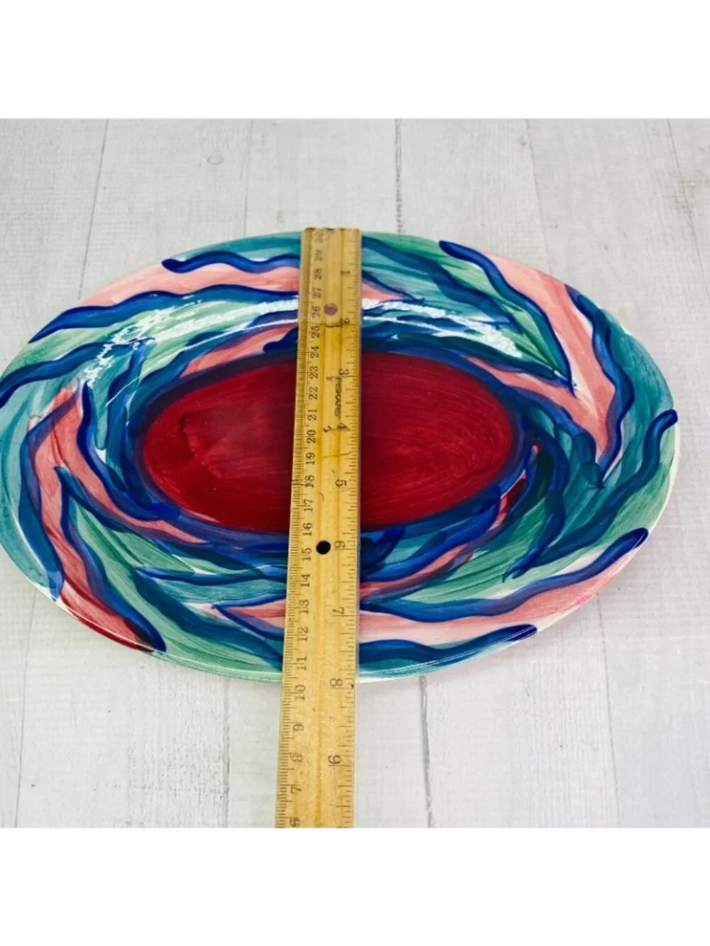 Gail Pittman FLAME Red Green Blue Wavy Line Band Ceramic 11.5